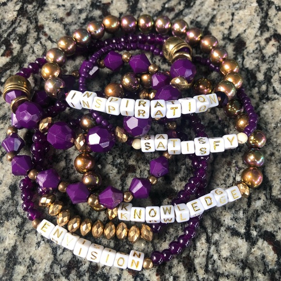 purple wood words 7 set bracelet stretch stacking layered gold luxury bundle lot - Picture 3 of 7